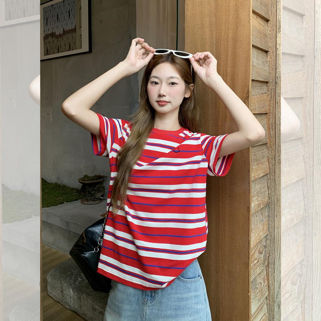 Red Striped American Retro Short Sleeve T-Shirt Women's New Summer Loose Casual Front Shoulder Embroidered Top