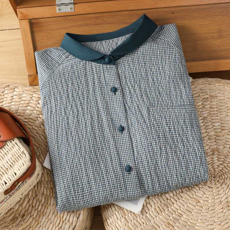 Early Spring Art Versatile Color Blocked Small Checkered Shirt Retro Small Collar Long Sleeve Checkered Top Shirt Blouses & Shirts