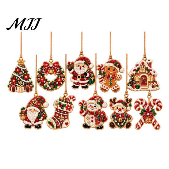 Handcrafted Christmas Keepsake 10 Pcs Faux Diamond Painting Art Ornaments, DIY Pearl Beads Holiday Craft Set with Wooden Base Jute Twine, Complete