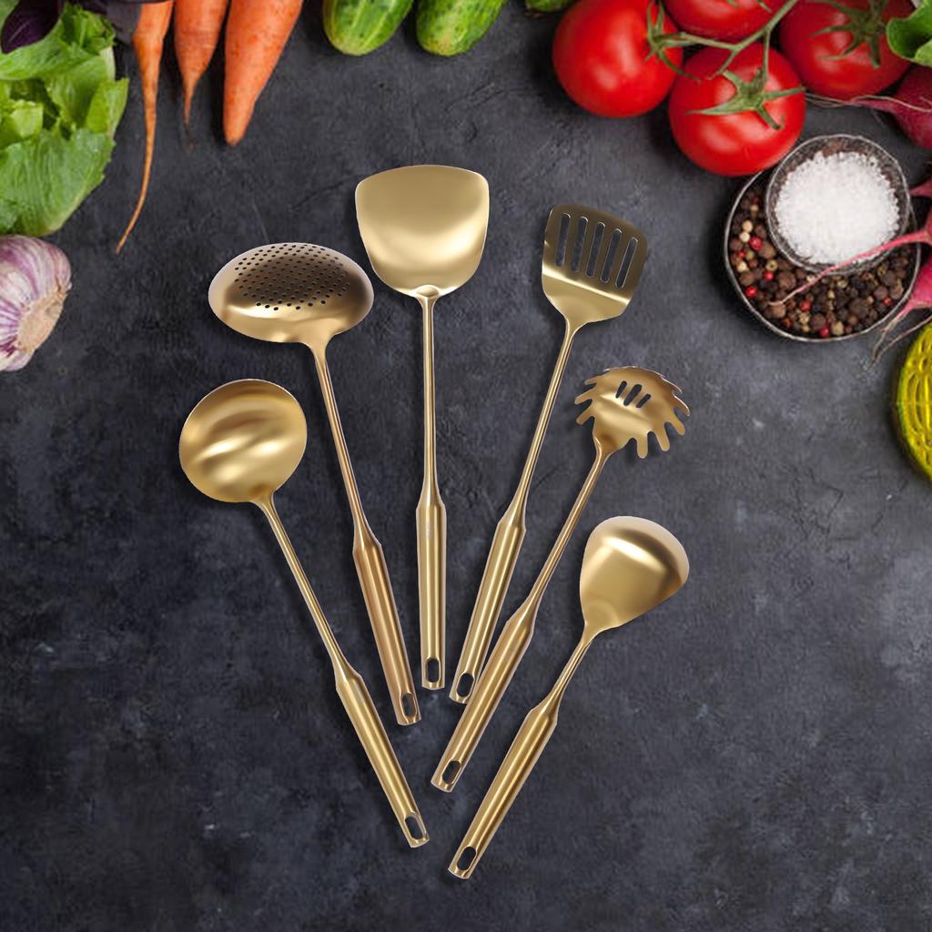 7-Piece Gold Stainless Steel Kitchen Utensil Set with Holder Non Stick Pan Safe Cooking Tools Gift for Home Chef