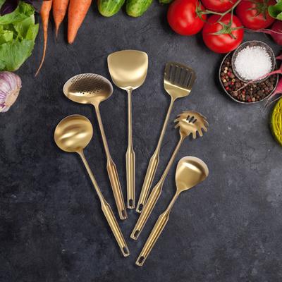 7-Piece Gold Stainless Steel Kitchen Utensil Set with Holder Non Stick Pan Safe Cooking Tools Gift for Home Chef
