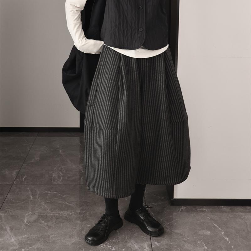 Women s Winter Japanese Striped Wide-Leg Fleece Pants: Dark, Lazy, Niche Style M