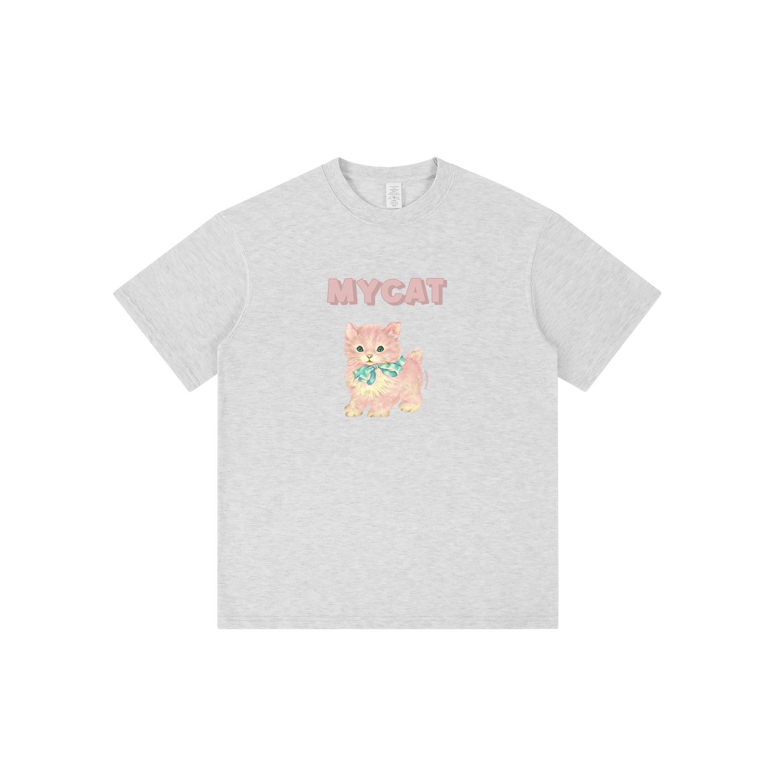 

Pearl Pink Kitten Print Loose Round Neck Women s Short Sleeve T-Shirt 3XL