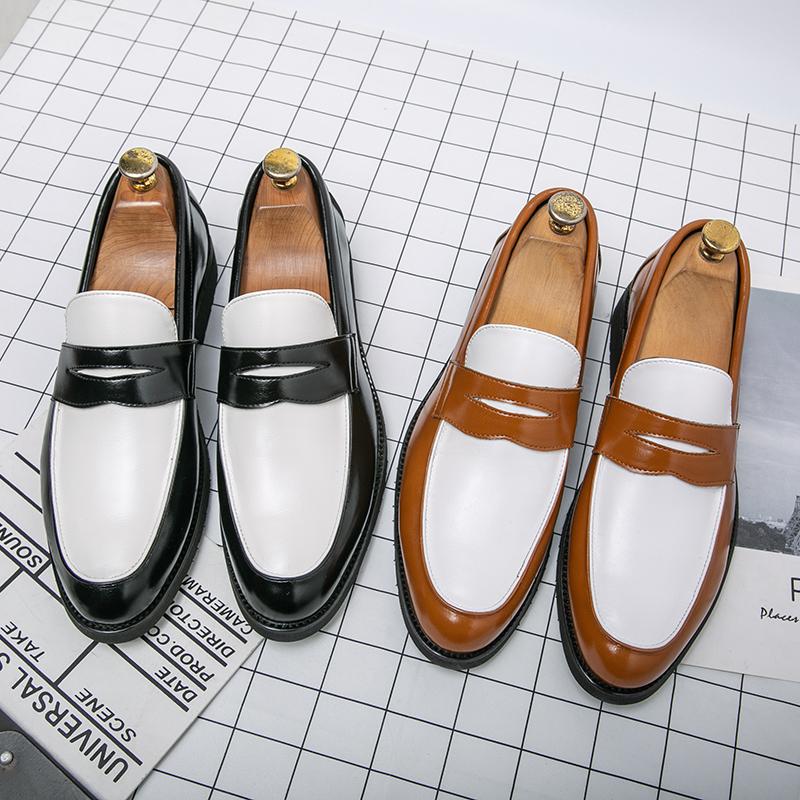 White Leather Shoes For Men Fashion Slip On Loafers Yuppie Brogue Shoes Men British Style Formal Leather Men’s Dress Shoes