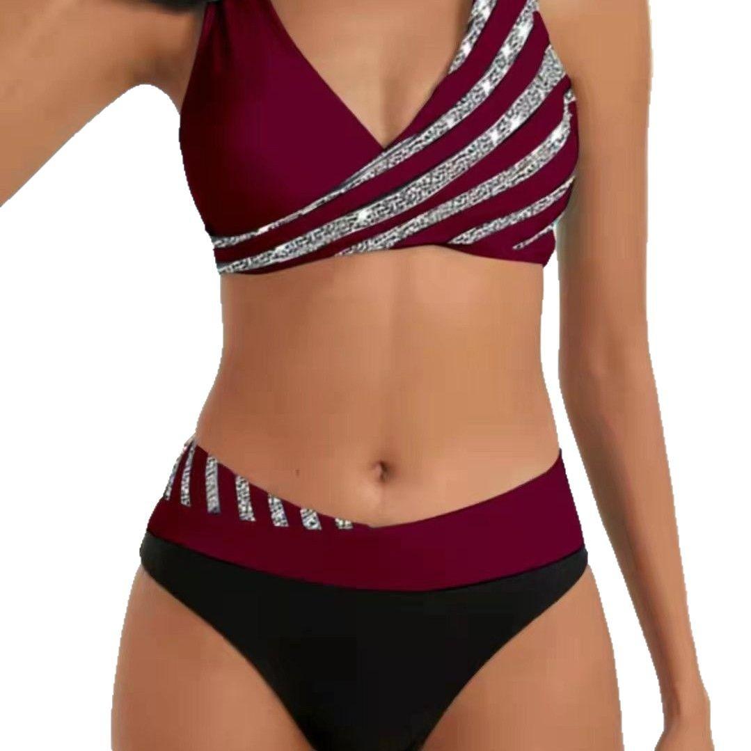 

High Waist Rhinestone Bikini Set V Neck Push Up Sexy Color Block Two Piece Swimsuit Beach Vacation Bathing Suit Swimwear S красный