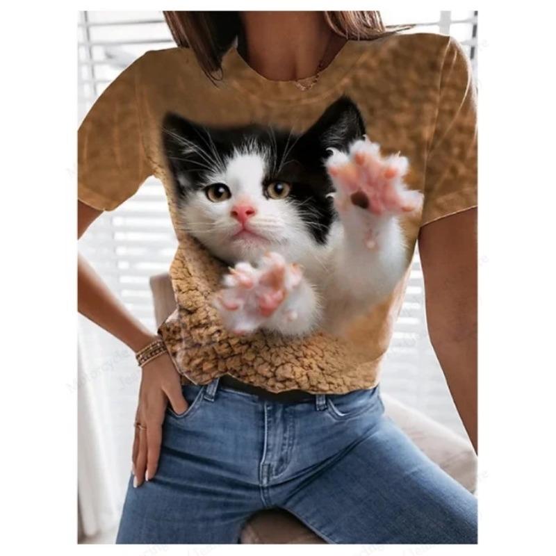 Summer Round Neck 3D Cat Print Top Fashionable Casual Short Sleeved Women's T-shirts