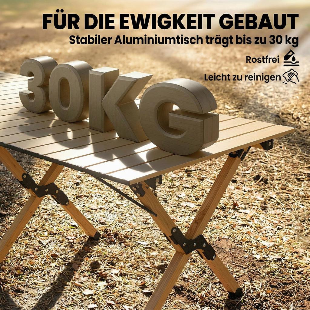 Camping Table 117 X 60 Cm Aluminum Folding Table with Roll-up Tabletop Wood-look Carrying Bag Waterproof