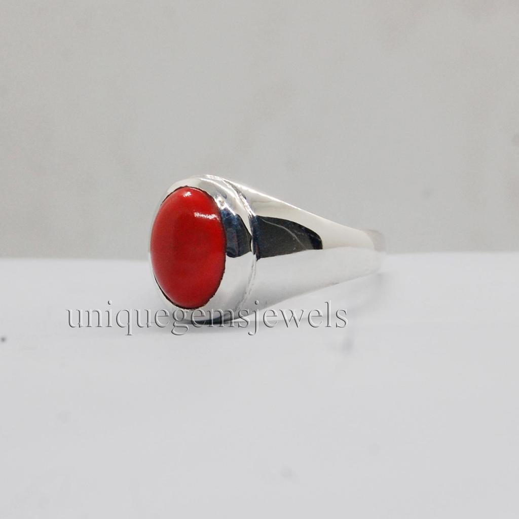 Oval Cab Red Coral Gemstone 925 Sterling Silver Ring, Geniune Zodic Style Red Coral Ring