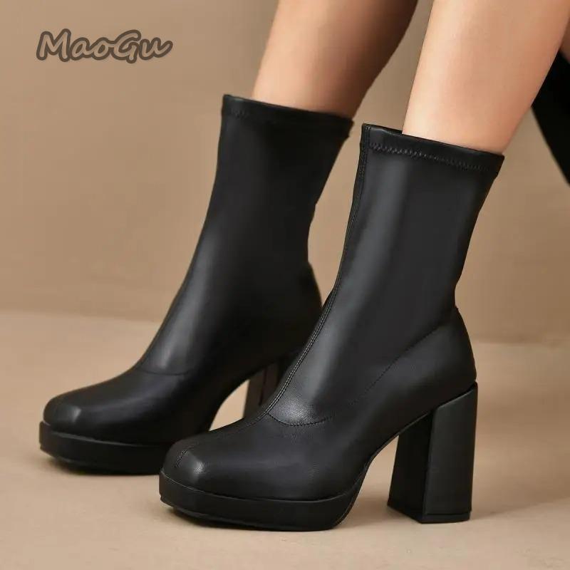 Fashion Pu Black Mid Calf Boots Women  Elegant Square Toe High Heel Chelsea Boots Botas Para Mujer Slip on Women's Botines