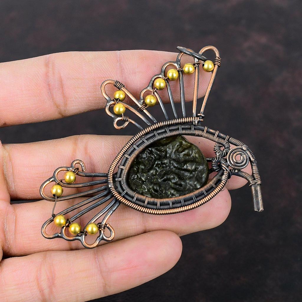 Moldavite Pendant Copper Wire Wrapped Gemstone Jewelry Unique Pendant Wire Wrap Jewelry Handmade Bird Pendant Copper Jewelry Gift For Mother
