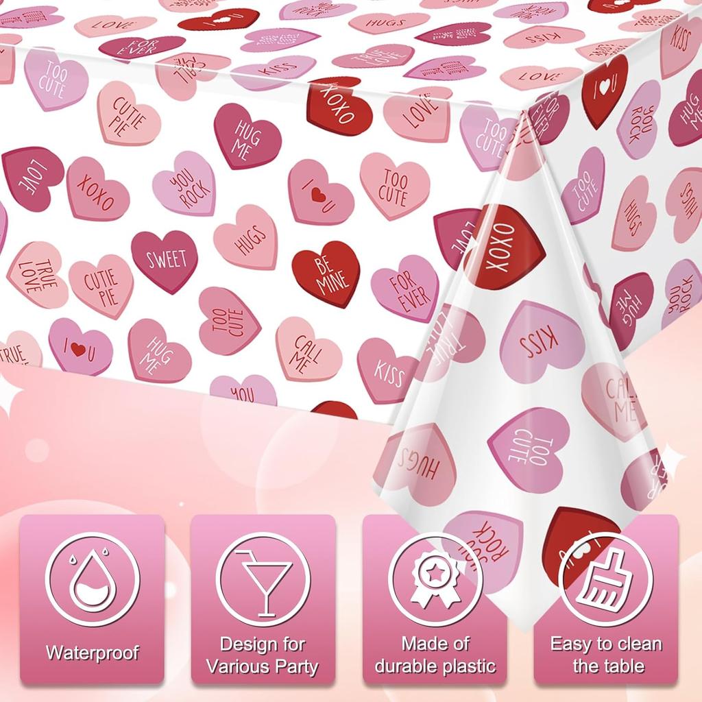 3 Pcs Valentines Day Tablecloth, Pink Love Heart Plastic Table Cover, Valentines Disposable Rectangle Table Cloth for Valentine’s Day Wedding