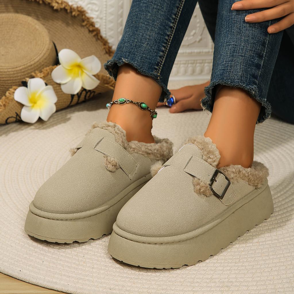 Fashion Thickened Lined Snow Boots Women's Slip-On Slippers Roman Style Rubber Sole Long Plush Inner Thick Winter Shoes for Women