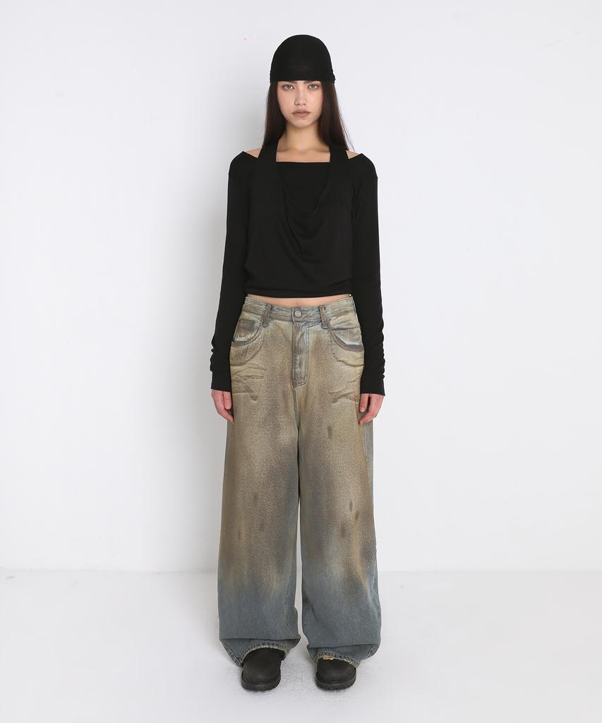 Saendeulig Draped Halter Layered Long Sleeve T-Shirt_Black