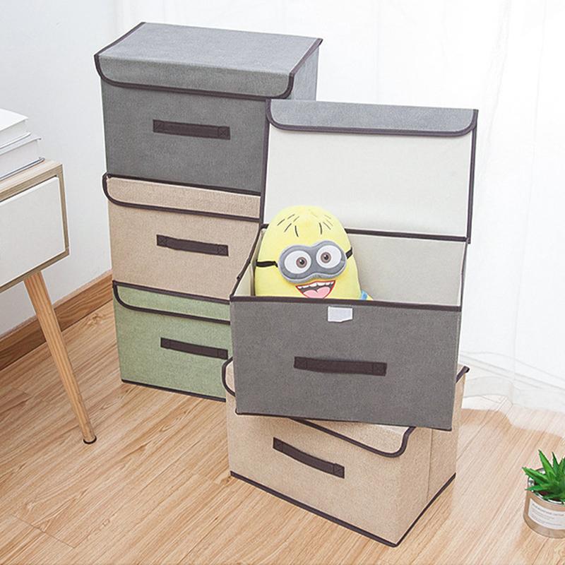 Linen-Like Fabric Storage Box Foldable Storage Box For Books And Toys Dustproof Storage Box With Lid