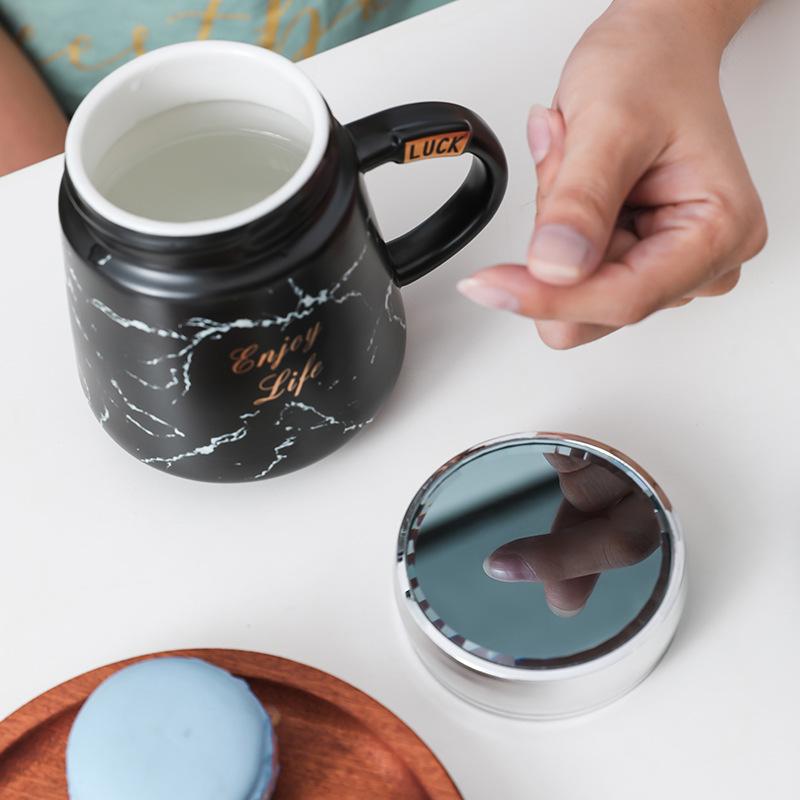 New Creative Mirror Cup, Mirror Cover Office Handle Ceramic Water Cup Activity Gift Mug with Lid