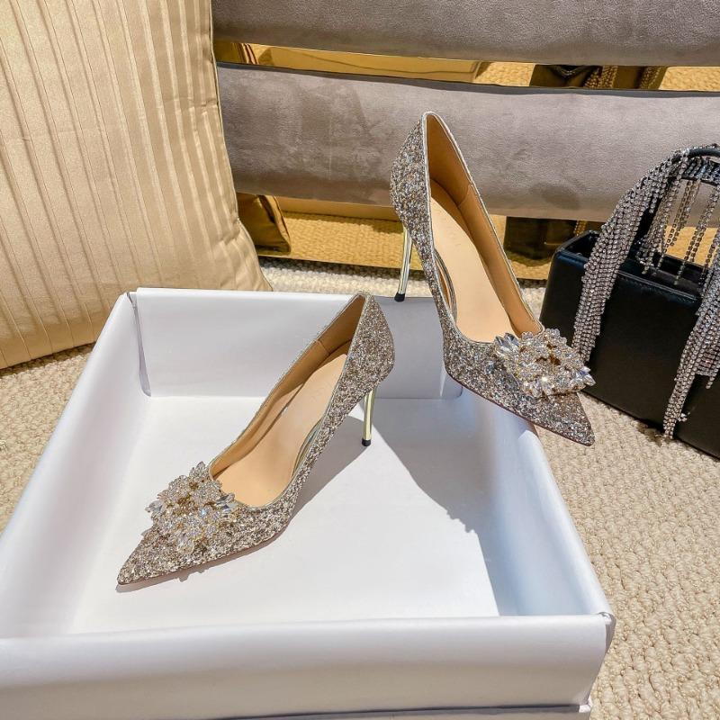 Crystal wedding shoes bride Xiuhe new pointed thin heel rhinestone sequined wedding dress high heels