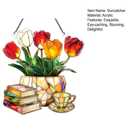 Floral Tea Cup And Book Suncatcher Stained Glass Effect Window Car Hanging Ornament Acrylic Garden Sun Catcher Panel for Women Mom Grandma