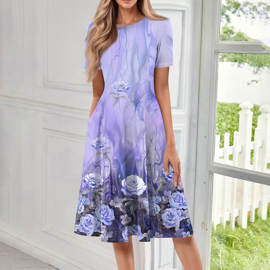 Women Casual Printed Round Neck Long Dress