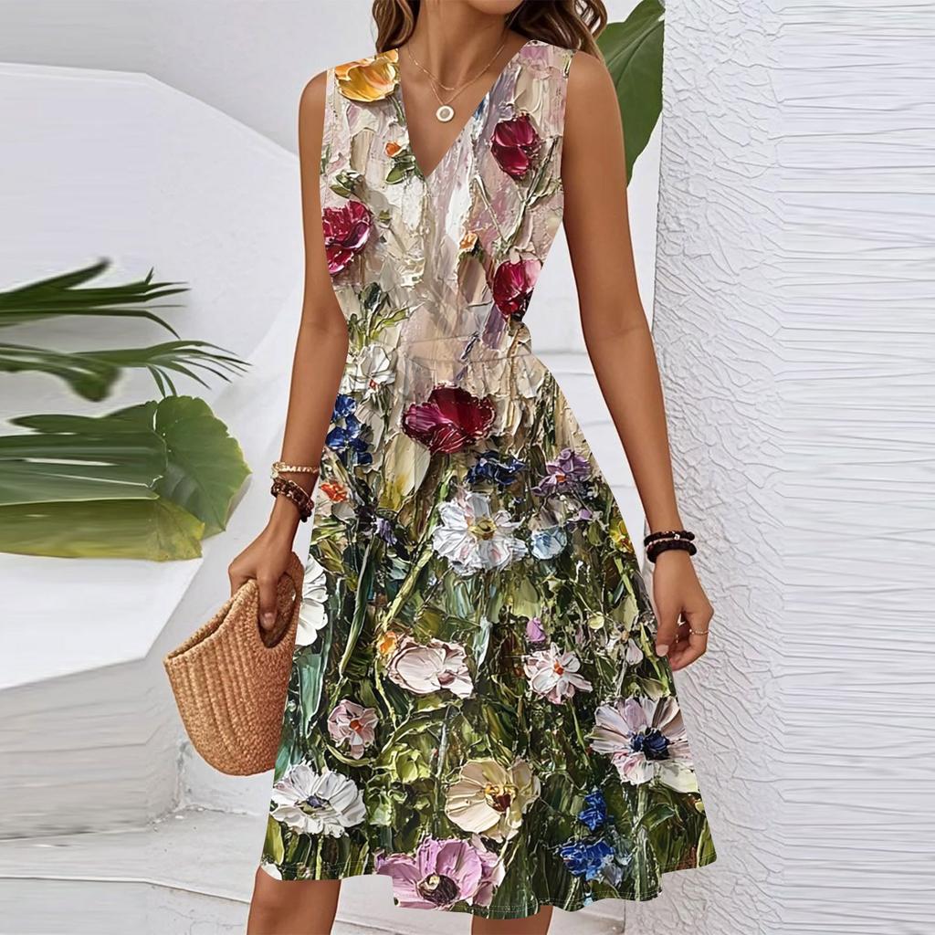 Abito Midi da Donna Casual Primaverile Estivo con Scollo a V Senza Maniche in Vita con Stampa Floreale