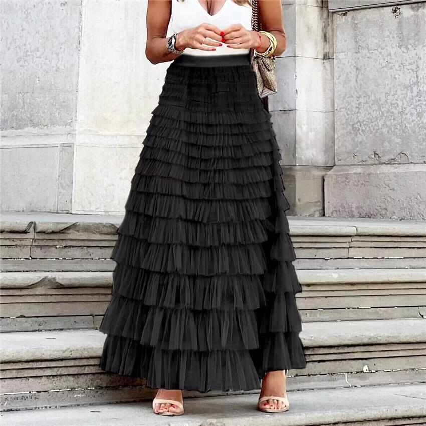 Cake Mesh Patchwork Skirt for Women Elastic High Waist Elegant Stylish Long Skirt Madam's Breathable Lightweight Loose Skirt Work Vacation Party Skirt