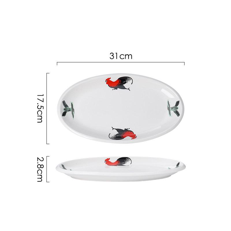 Ceramic Retro Rooster Oval Fish Serving Plate for Microwave & Hotel Use
