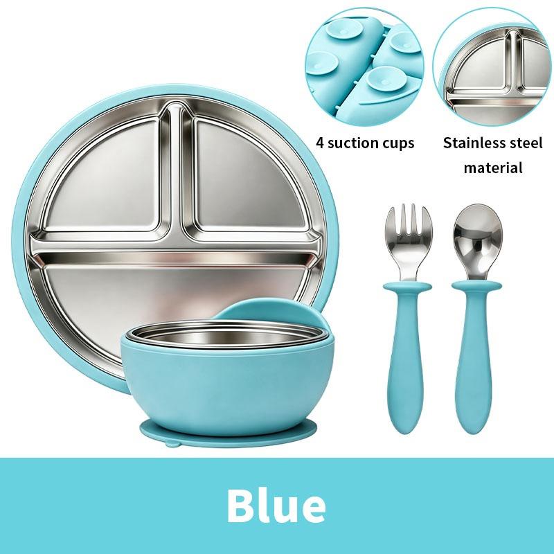 Stainless Steel Baby Feeding Set Suction Cups Divided Plate Bowl Spoon Fork For Baby Led Weaning Toddlers Self Feeding