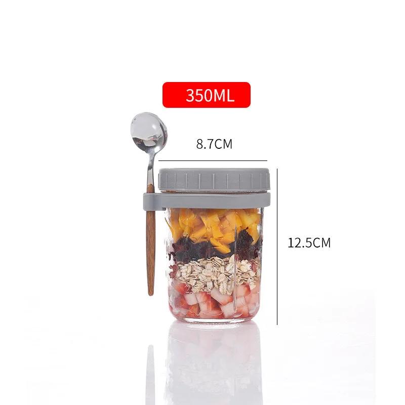 16oz overnight oats container with lid and spoon, airtight glass mason oatmeal jar with measurements for milk, cereal and fruit светло-серый