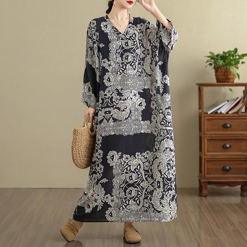 Dimanaf 2025 Women Plus Size Spring Long Dress Loose V-Neck Printing Vintage Casual Floral Oversize Long Sleeve 5027