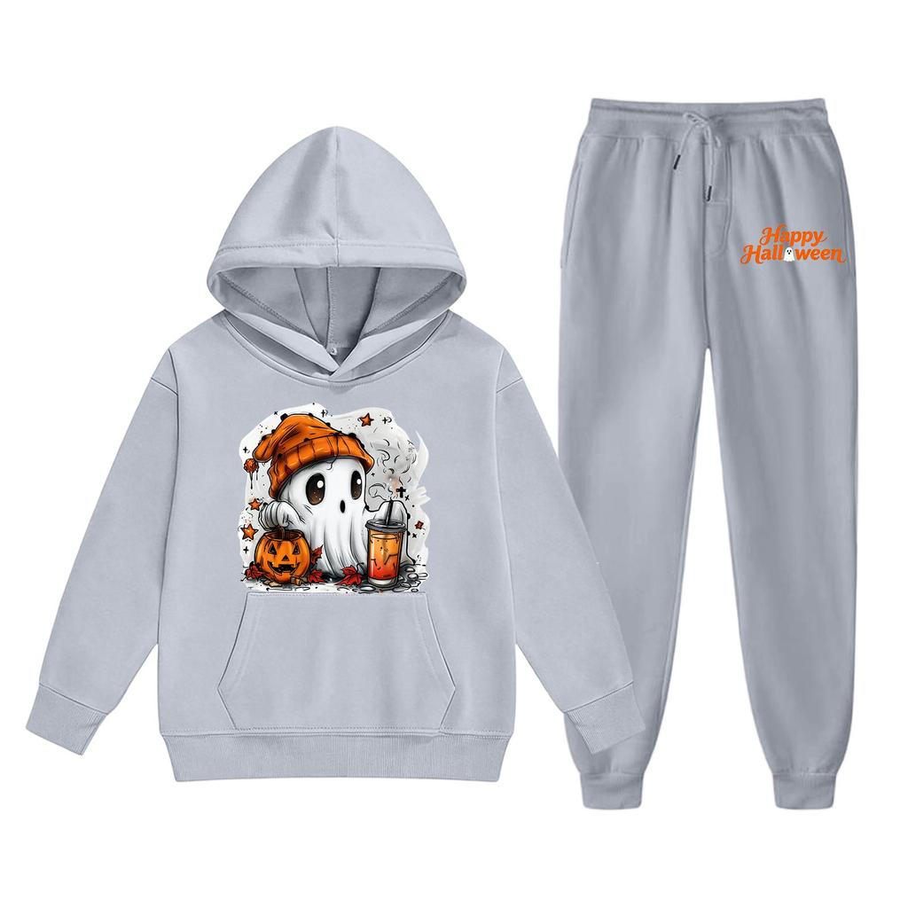 Kids Halloween Hoodie Set Ghost Print Pullover Sweatshirt with Matching Pants Comfortable Fit for Fall and Winter Seasonal Wear