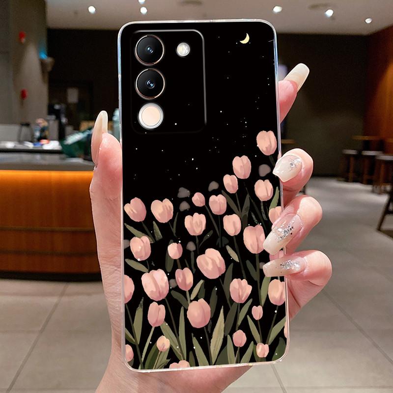 Phone Case For Vivo V29e V27e 5G Slim Soft TPU Cover Clear Silicone Aesthetic Luxury Fashion Butterfly Flowers New Design Case