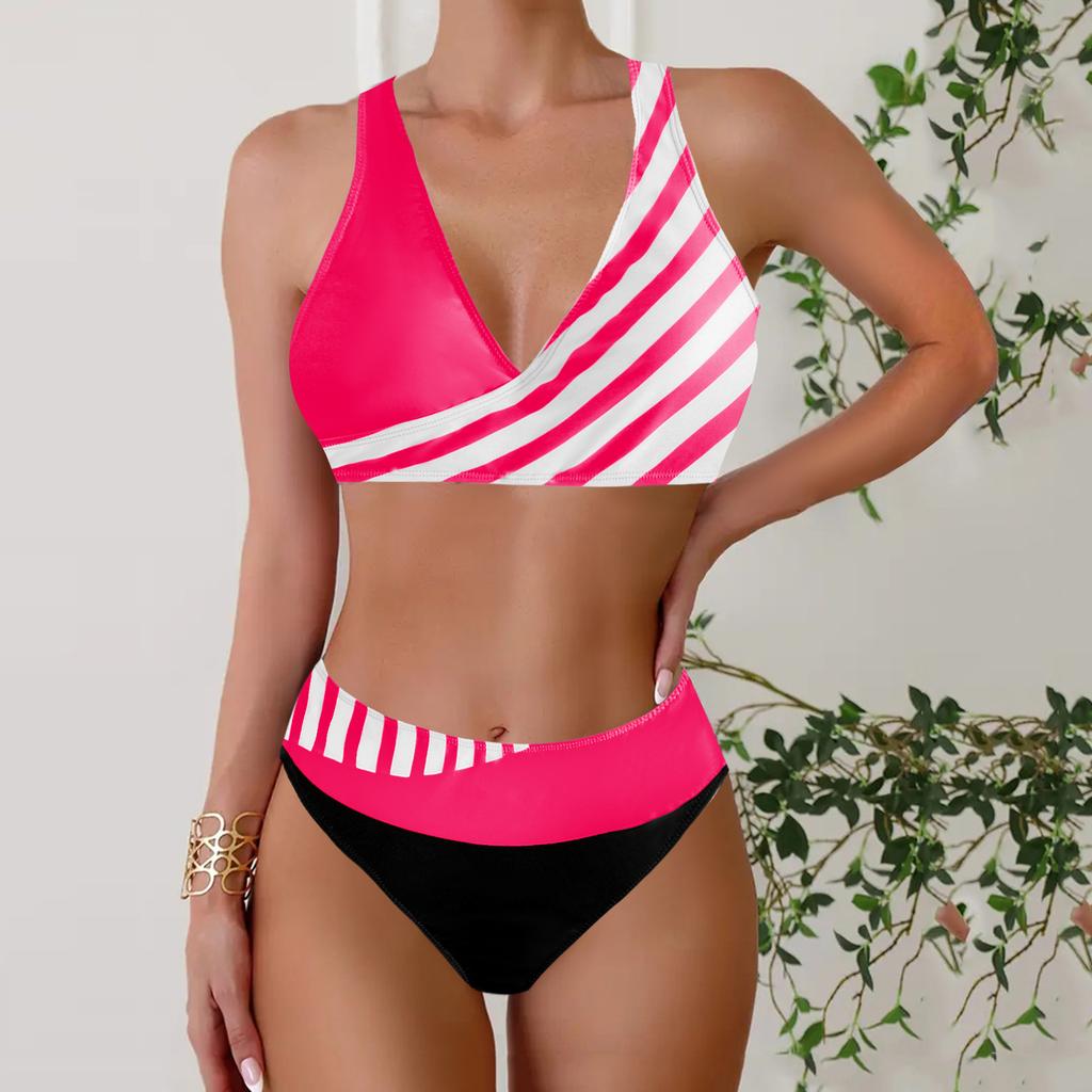 Women's Halter Half Edge Stripe Print Bikini Tankini Swimsuit