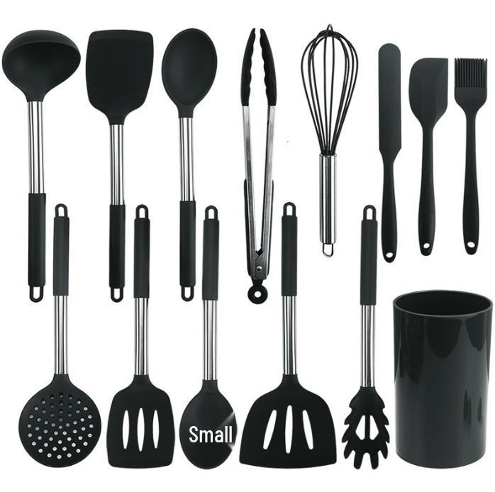 Black Stainless Steel & Silicone Handle 15-Piece Kitchen Utensil Set with Storage Bucket