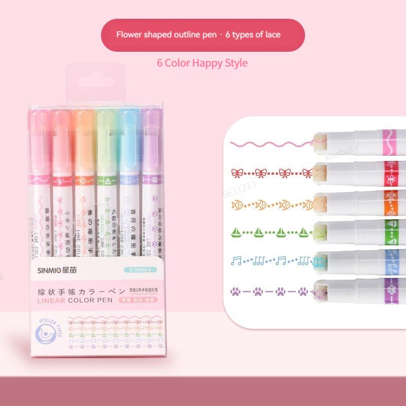 6pcs Line Shaped Highlighter Roller Tip Curve Liner Marker Pens Graffiti Pen Kawaii Korean Stationery School Office Supplies