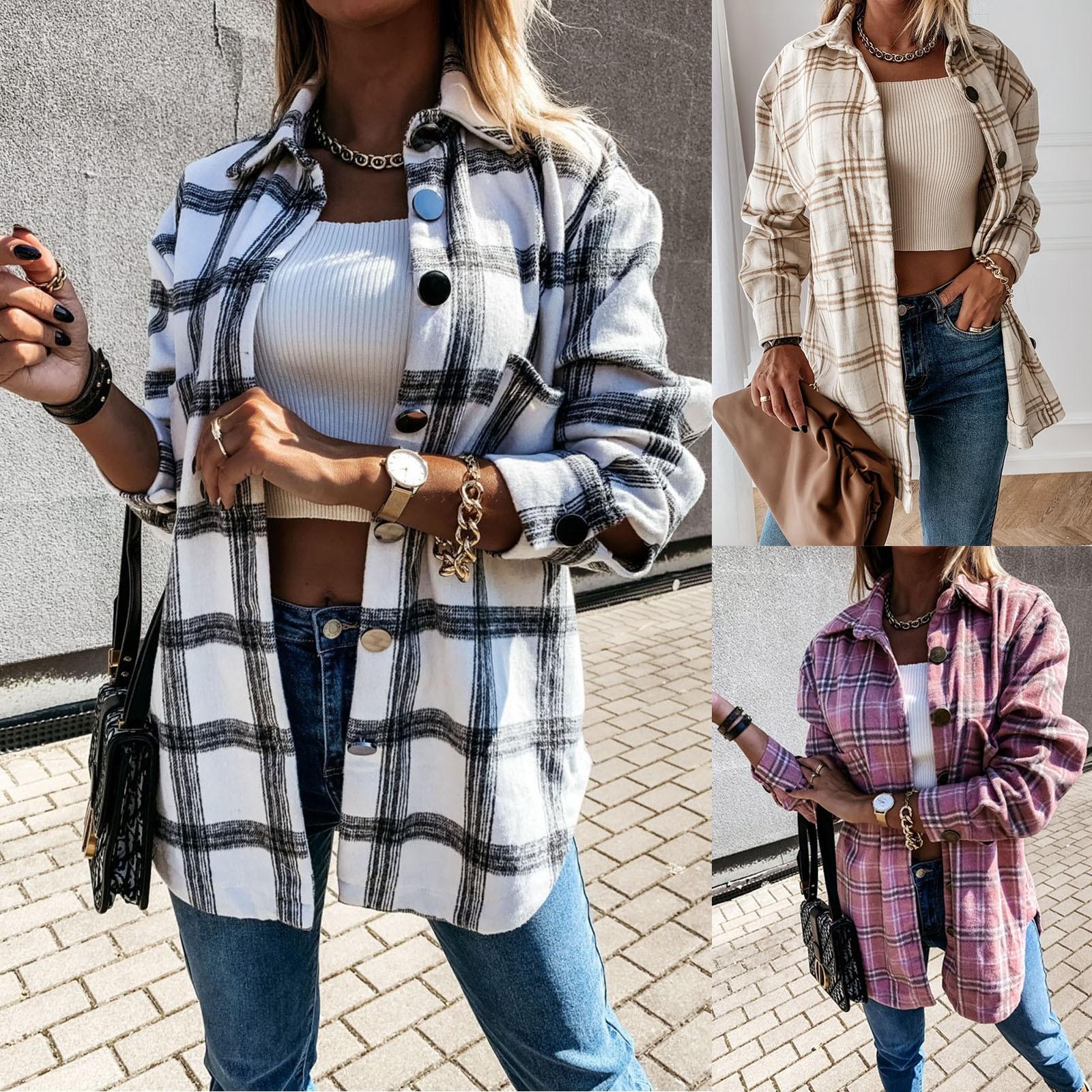 

Ladies Casual Loose Long Sleeve Loose Single-breasted Button Plaid Long Coat