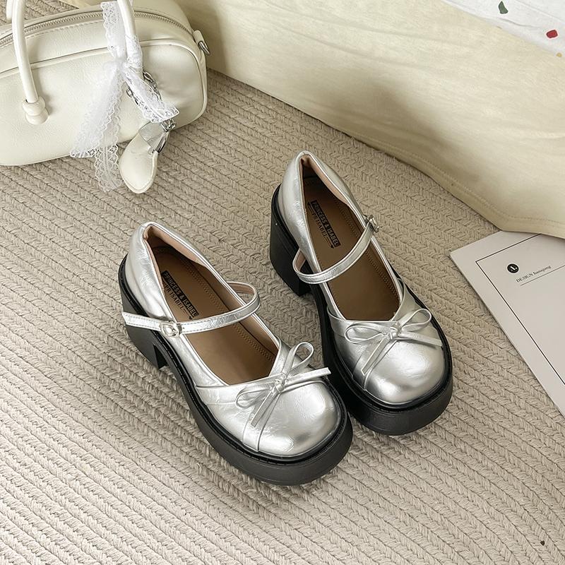 

Fashion AAutumn Platform Height Increase Women Pumps Shoes Fashion Ladies Thick Heel Party Dress Leather Mary Jane Shoes 35 серебряный