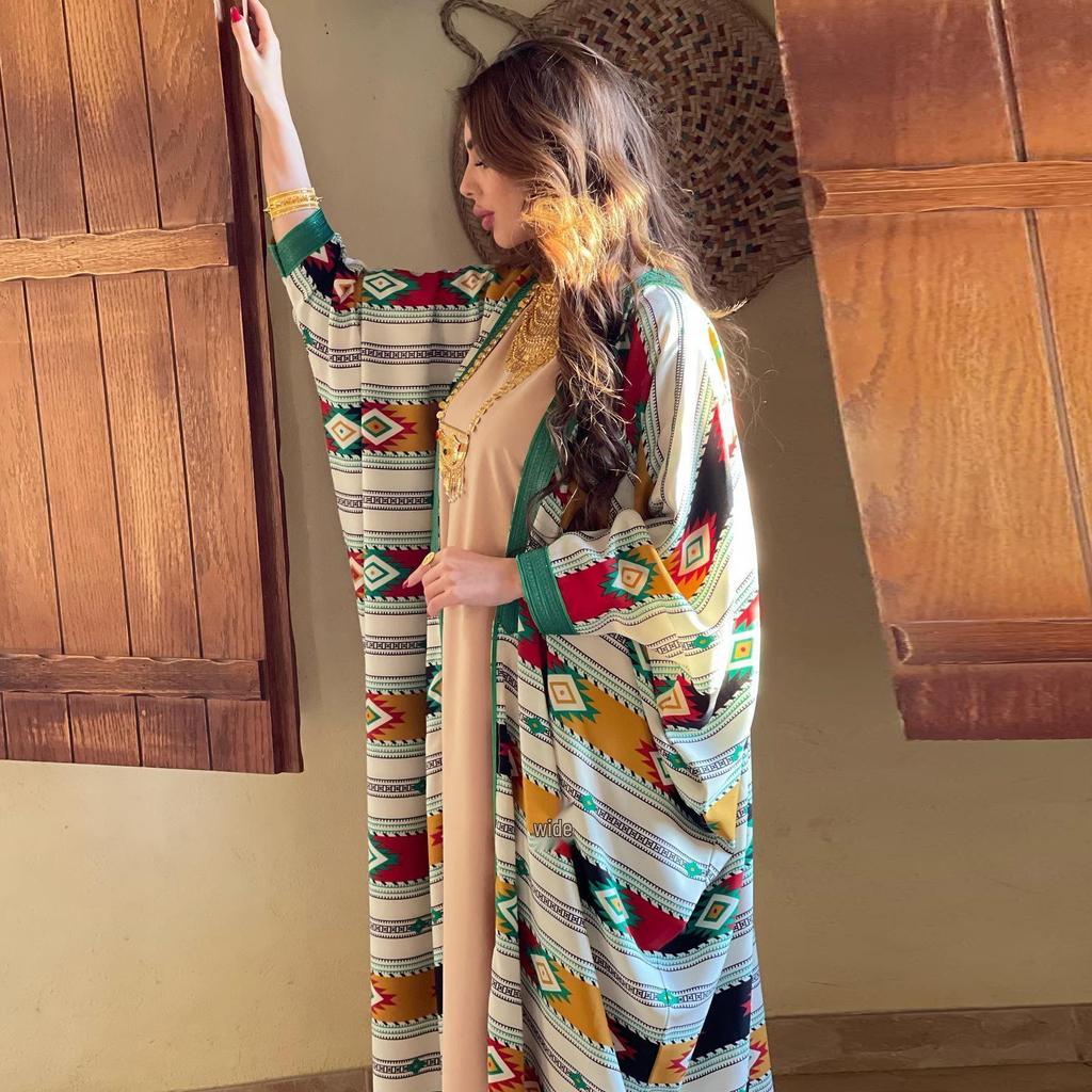 AB198 Women's Striped Batwing Sleeve Muslim Vest & Abaya Dress Set