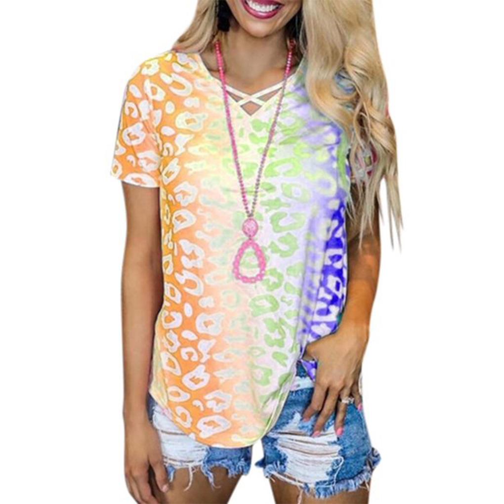 Women Tie Dyed Leopard Printed V Neck Short Sleeve Shirt