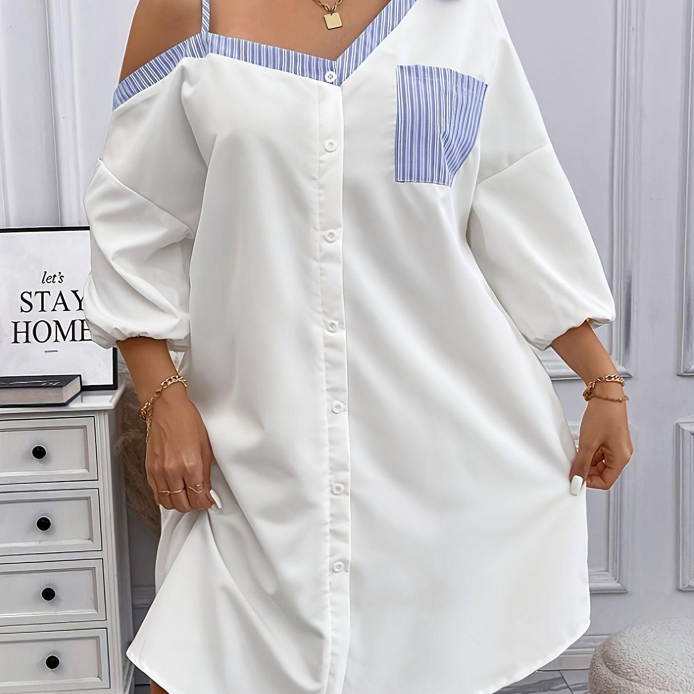 

Plus Size Asymmetrical Striped One-Shoulder Pocket Shirt Dress 5XL білий