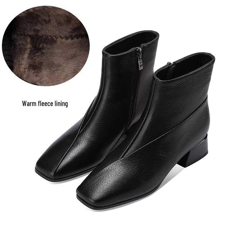 2025 Women's Soft Leather Mid-Heel Square Toe Boots with Velvet Lining for Autumn and Winter