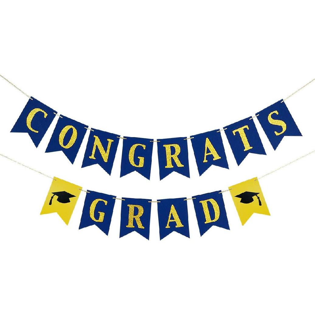Congrats Grad Banner Blue and Gold Glitter Congratulations Graduation Banner, Congrats Grad Sign Decorations for Blue and Gold Congratulations Blue and Gold