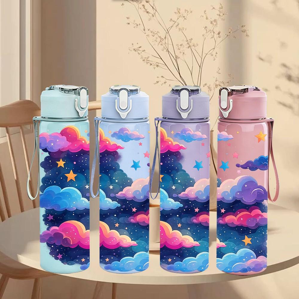 1PC Cloud Star Dream Galaxy Pattern 750ml Color Plastic Sports Water Bottle Leakproof Flip Straw Lid Suitable for Sports Office Home Use