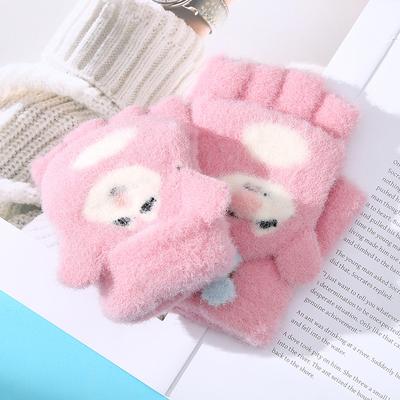 New Cartoon Raccoon Children's Warm Gloves Winter Cold Protection Thickened Little Girl Writing Half Finger Flip Cover Five Fingers