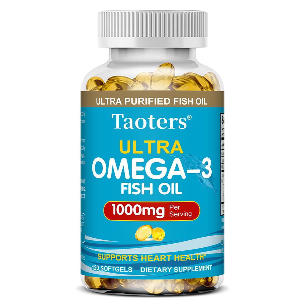 Capsule Molli di Olio di Pesce Ultra Omega‑3, Integratore da 1000 mg EPA DHA, 120 Capsule Molli Fornitura per 60 Giorni, Non OGM