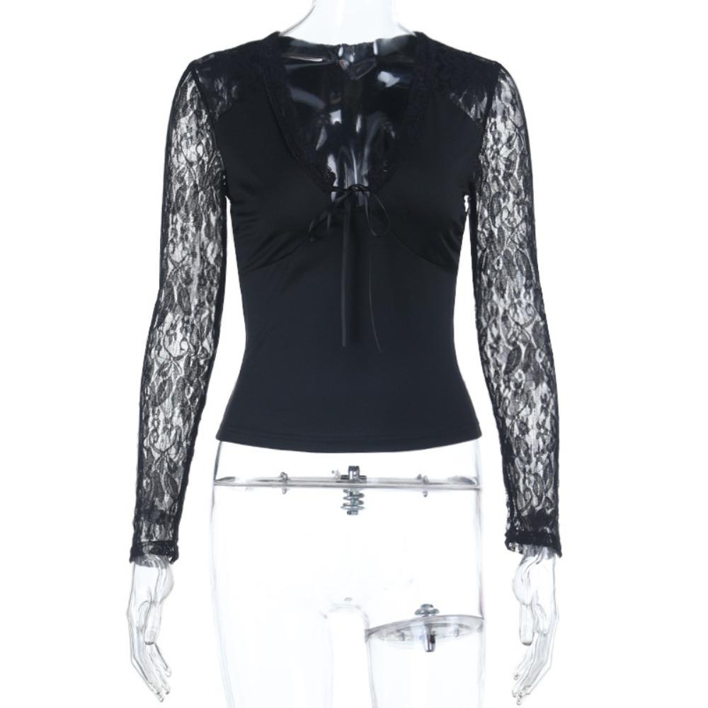 Women s V Neck Long Sleeve Crop Top Slim Fit Sexy Lace Spliced Tie Front Tee S