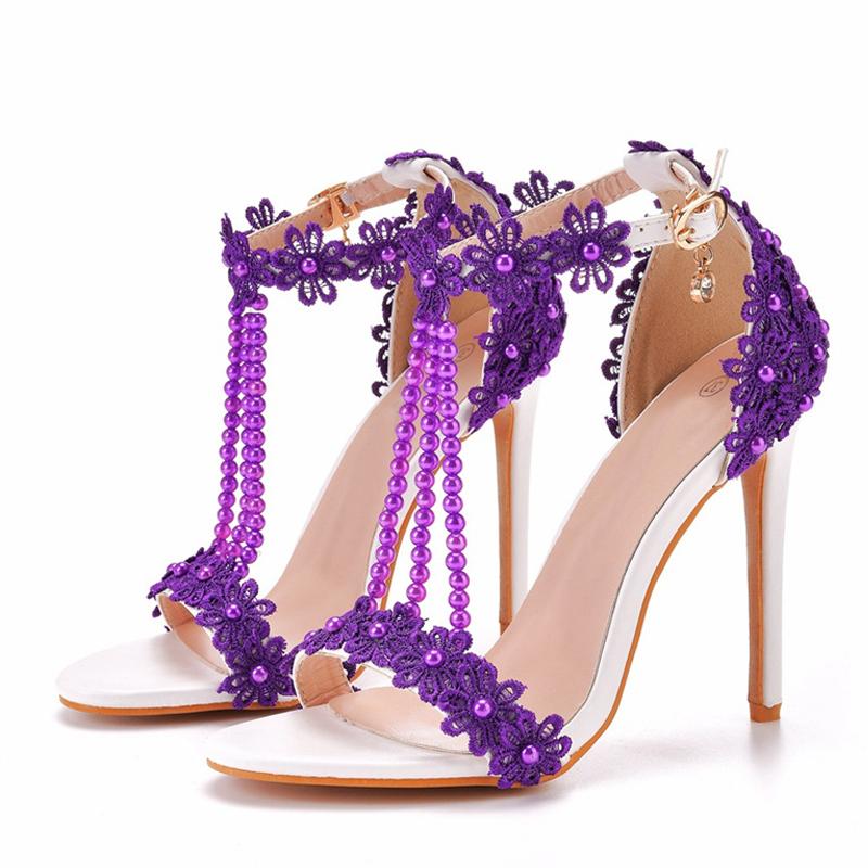 Big Size 43 44 45 Women Sexy Stiletto Sandals Summer Fashion Pearl Flowers Ankle Strap Elegant High Heels Party Prom Shoes