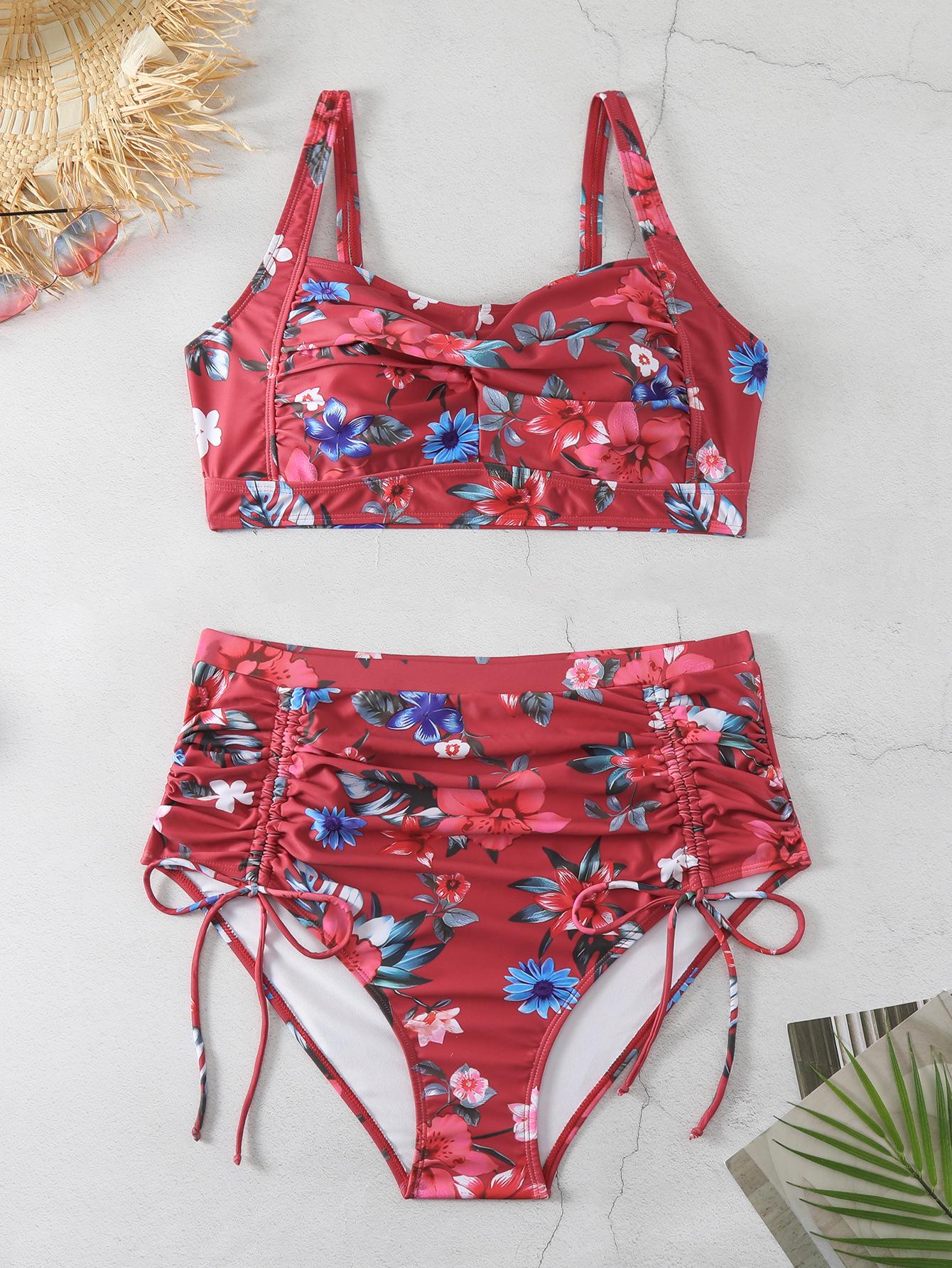 

2025 European & American Plus Size Sexy Print Bikini Swimwear for Beach Holidays 0XL темно-червоний колір