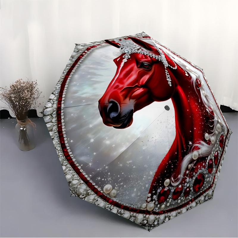 1pc Jeweled Horse Automatic Opening/Closing Folding Umbrella with 8 Ribs, Plastic Handle, Windproof Portable Sunshade Umbrella Yy251222225