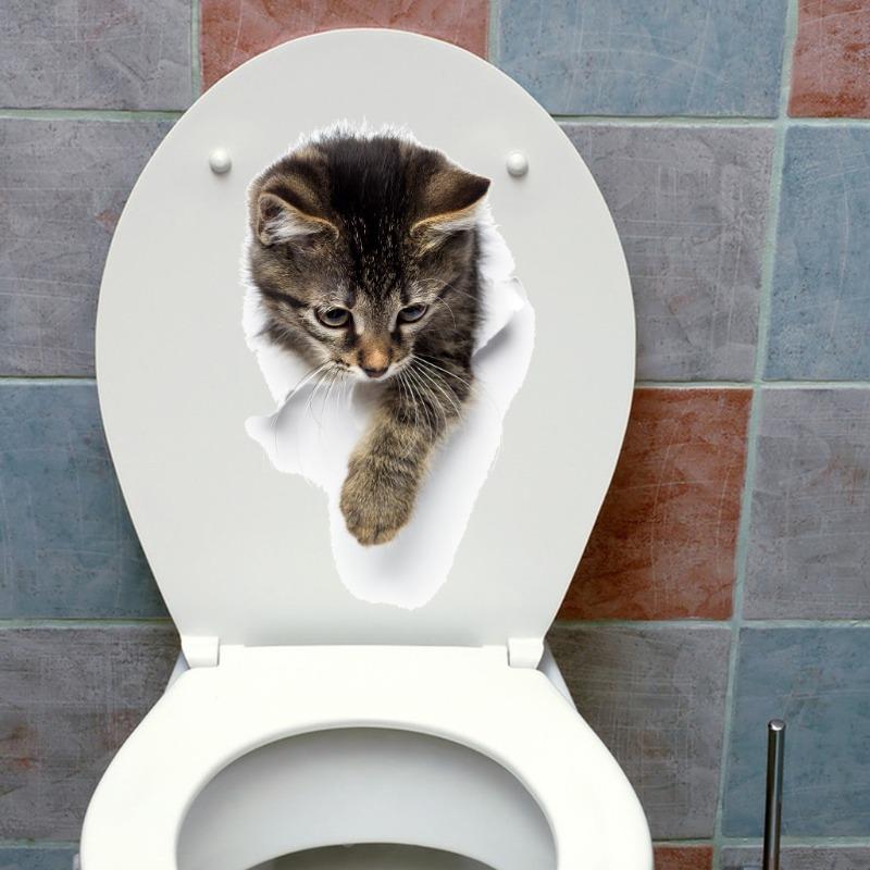 Lovely Cat Toilet Stickers For Wc Washroom Decoration Diy Vivid 3d Look Pet Animal Home Decals Pvc Wall Mural Art Print Posters