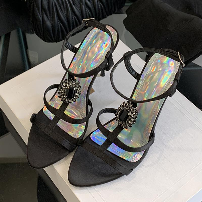 Fashion Liyke 2025 Neue Mode Edelsteinriemen Knöchelschnalle Damen Sandalen Sommer Offene Zehen Goldene Hohe Absätze Hochzeit Ballschuhe Zapatos Mujer