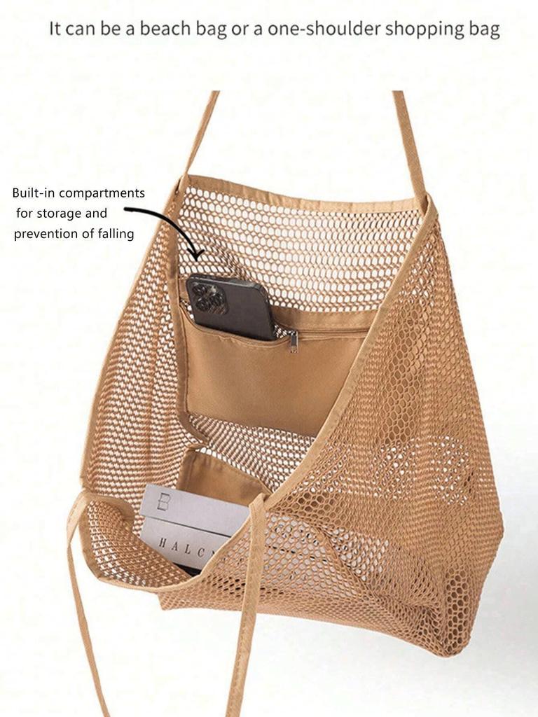 1pc Mesh Tote Bag, Cosmetic Bag, Casual Handbag, Foldable Women's Shoulder Bag For Picnic, Waterproof, Foldable, Essential Bag